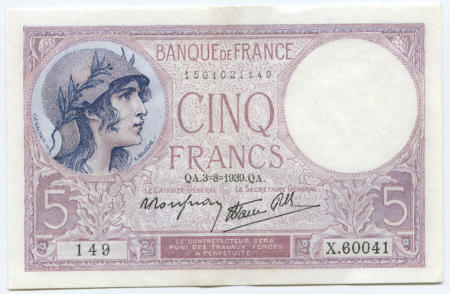 5 francs Violet modifié 3-8-1939 SPL+