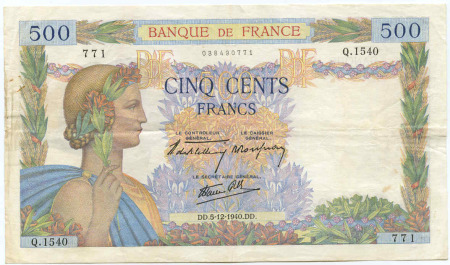 500 francs La paix 5-12-1940 TTB+