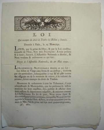Texte de loi sur les monnaies. Paris 25 mai 1791