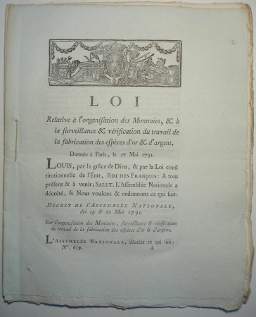 Texte de loi sur les monnaies. Paris 27 mai 1791