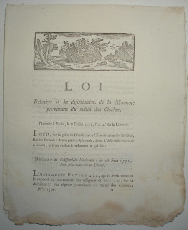 Texte de loi sur les monnaies. Paris 8 juillet 1792
