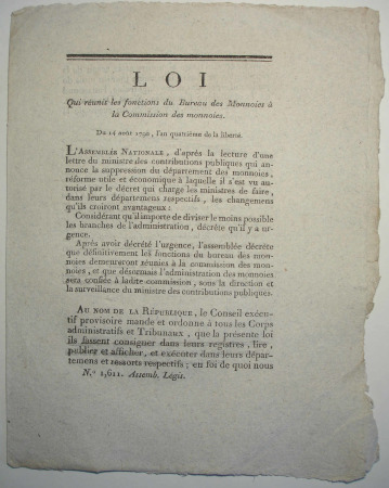 Texte de loi sur les monnaies. Paris 14 août 1792