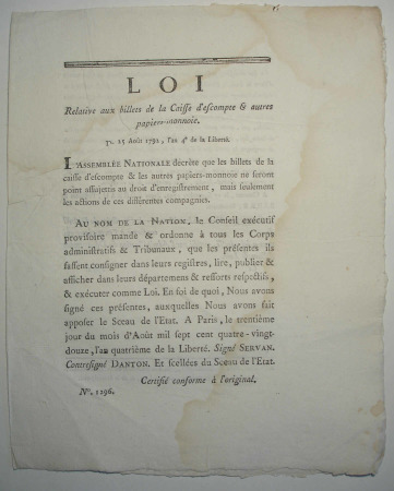 Texte de loi sur les monnaies. Paris 25 août 1792
