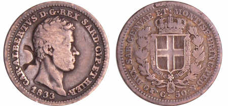 Italie - Carlo Alberto(1831-1849) - 50 centesime 1833 (Torino)
