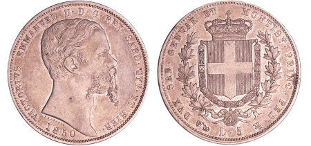 Italie - Victor-Emmanuel II (1861-1878) - 5 lires 1850 P (Genova)