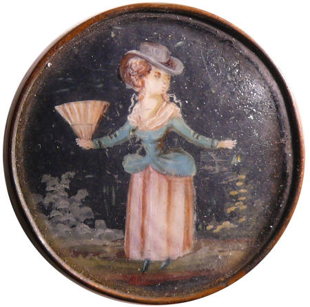 Bouton en verre et laiton - Peinture miniature de femme - 18ème siècle