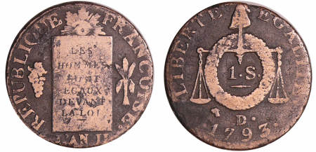 France - Convention (1792-1795) - Sol à la balance type FRANCOISE - An II - 1793 D• (Dijon)