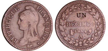 France - Directoire (1795-1799) - 1 décime Dupré - modification du 2 décimes An 4 A (Paris)