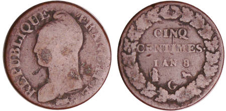 France - Bonaparte premier consul (1799-1804) - 5 centimes Dupré - grand module An 8 G (Genève)