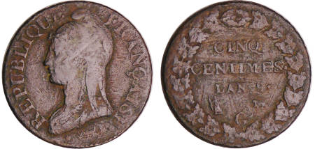 France - Bonaparte premier consul (1799-1804) - 5 centimes Dupré - grand module An 9 G (Genève)