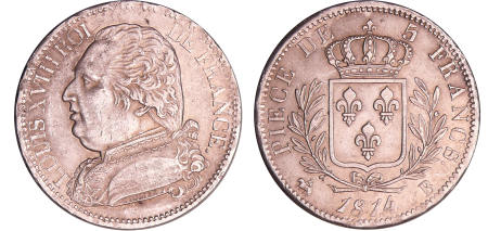 France - Louis XVIII (1815-1824) - 5 francs au buste habillé 1814 B (Rouen)