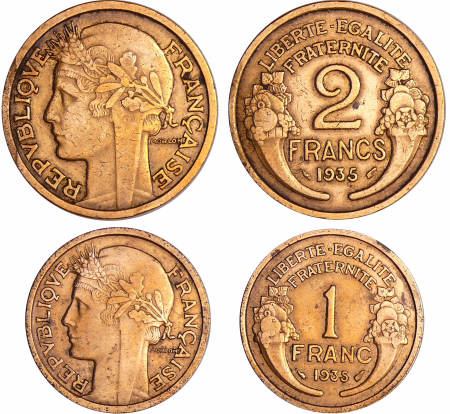 France - Troisième république (1871-1940) - Lot 1 franc et 2 francs Morlon bronze-alu 1935