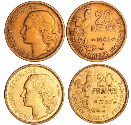 France - Quatrième république (1947-1959) - Lot de 2 * 20 francs G. Guiraud 1950 B (3 et 4 faucilles)
