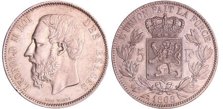 Belgique - Léopold II (1865-1909) - 5 Francs 1868 (tranche B)