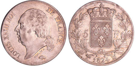 France - Louis XVIII (1815-1824) - 5 francs au buste nu 1824 MA (Marseille)