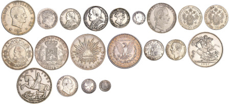 Monde - Lot de 20 monnaies en argent (Italie, Autriche, Grande-Bretagne, Grèce, Espagne, Pays-Bas, Maroc, Belgique, Mexique, Etats-Unis)