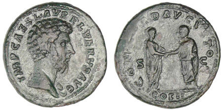 Lucius Vérus - Sesterce (161, Rome) Marc Aurèle et Lucius Vérus debout